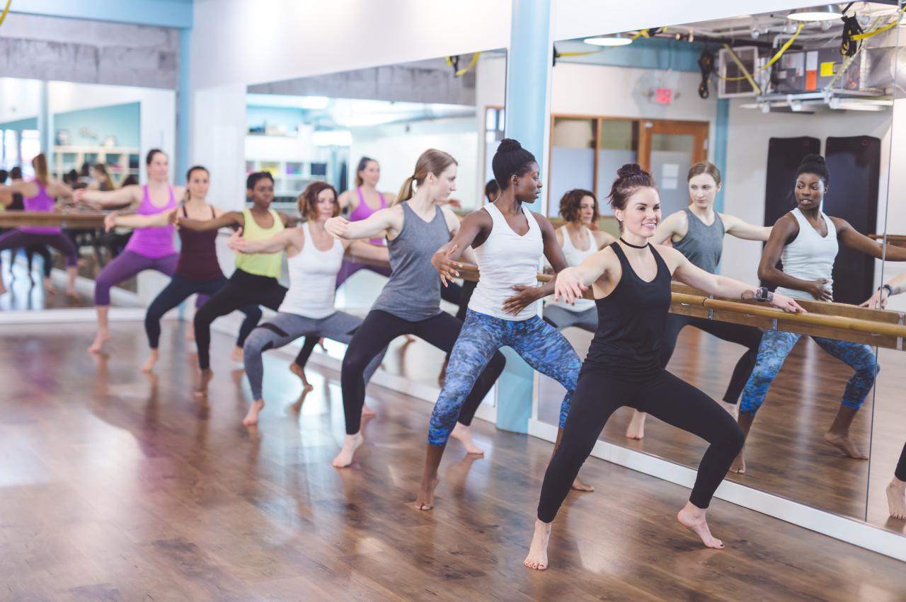 Women in a dance studio doing a plie holding onto a barre